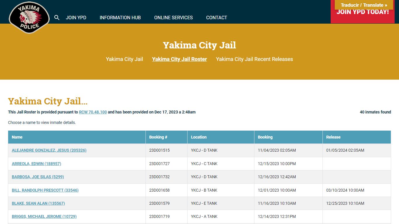Yakima City Jail Roster | Yakima Police Department